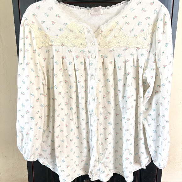 Cuddl Duds bed jacket, floral, lace trim, button down, ladies size Small - Picture 1 of 6